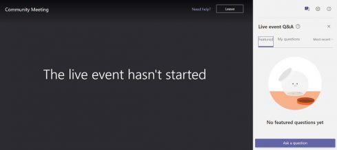 Microsoft teams screenshot: "Live event hasn't started."