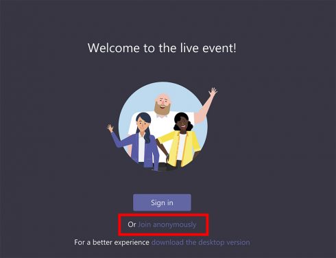 Live Event welcome page with red box highlighting 'Join anonymously'