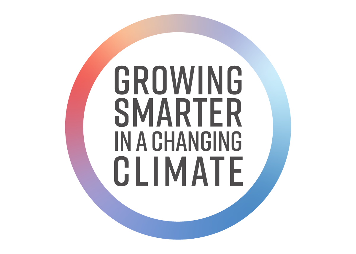 Text in the center reads "Growing Smarter in a Changing Climate" inside a circular gradient ring that shifts from red at the top left to blue at the bottom right.